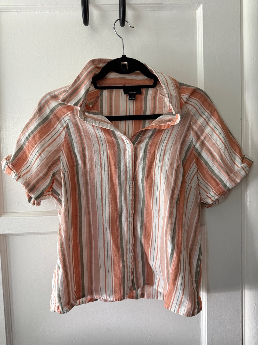 Lumiere Lightweight Striped Button-Up Shirt - Peach/White/Gray 100% Cotton